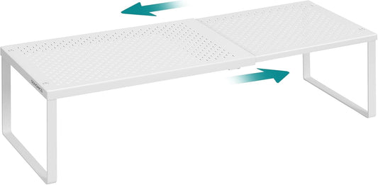 SONGMICS Spice Rack, Expandable Kitchen Countertop Shelf, Small Cupboard Organizer, Metal, Space-Saving Tabletop Shelf, Matte White UKCS007W01