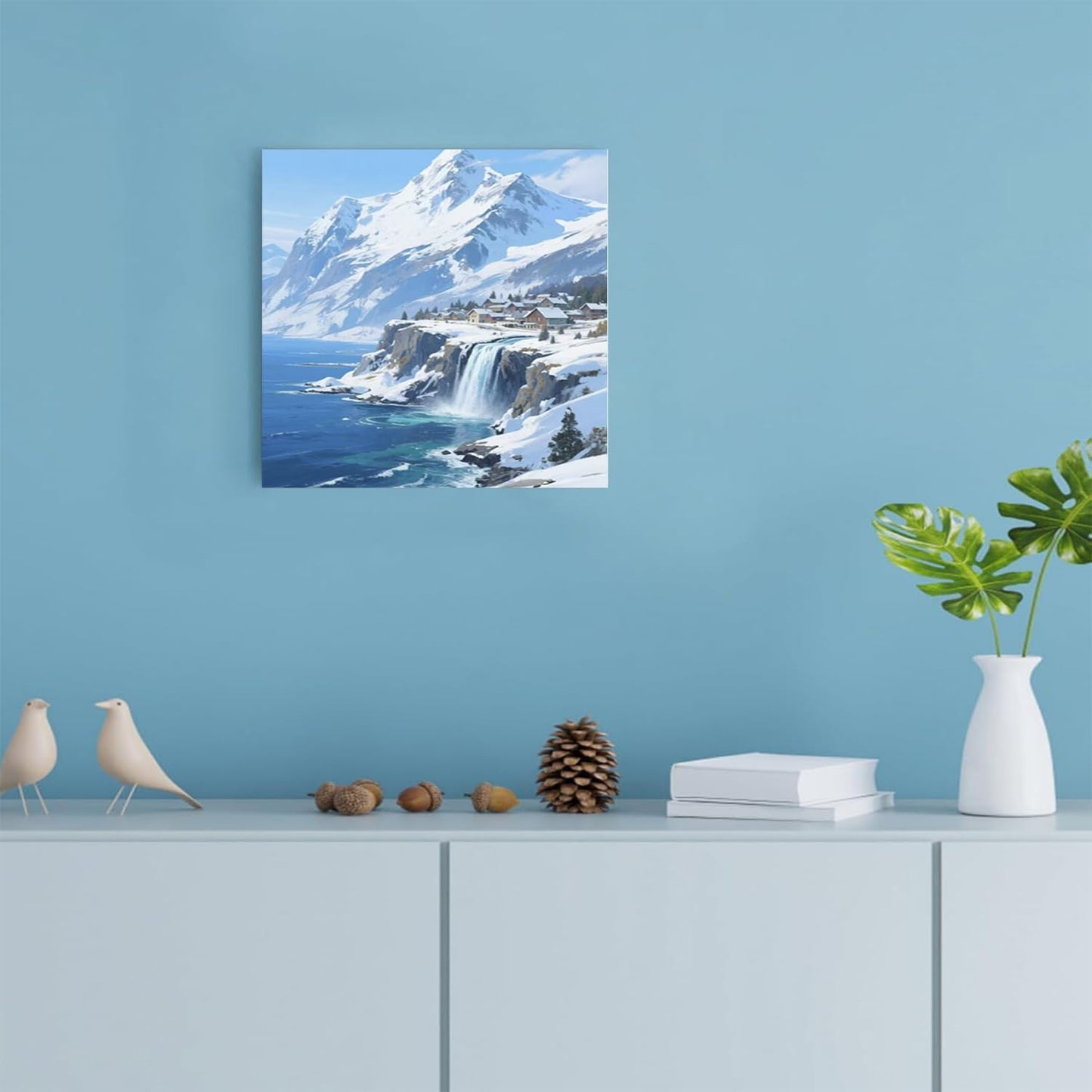 Winter lakeside town and snowy scenery merge together to form a landscape poster wall art suitable for living room bedroom and office