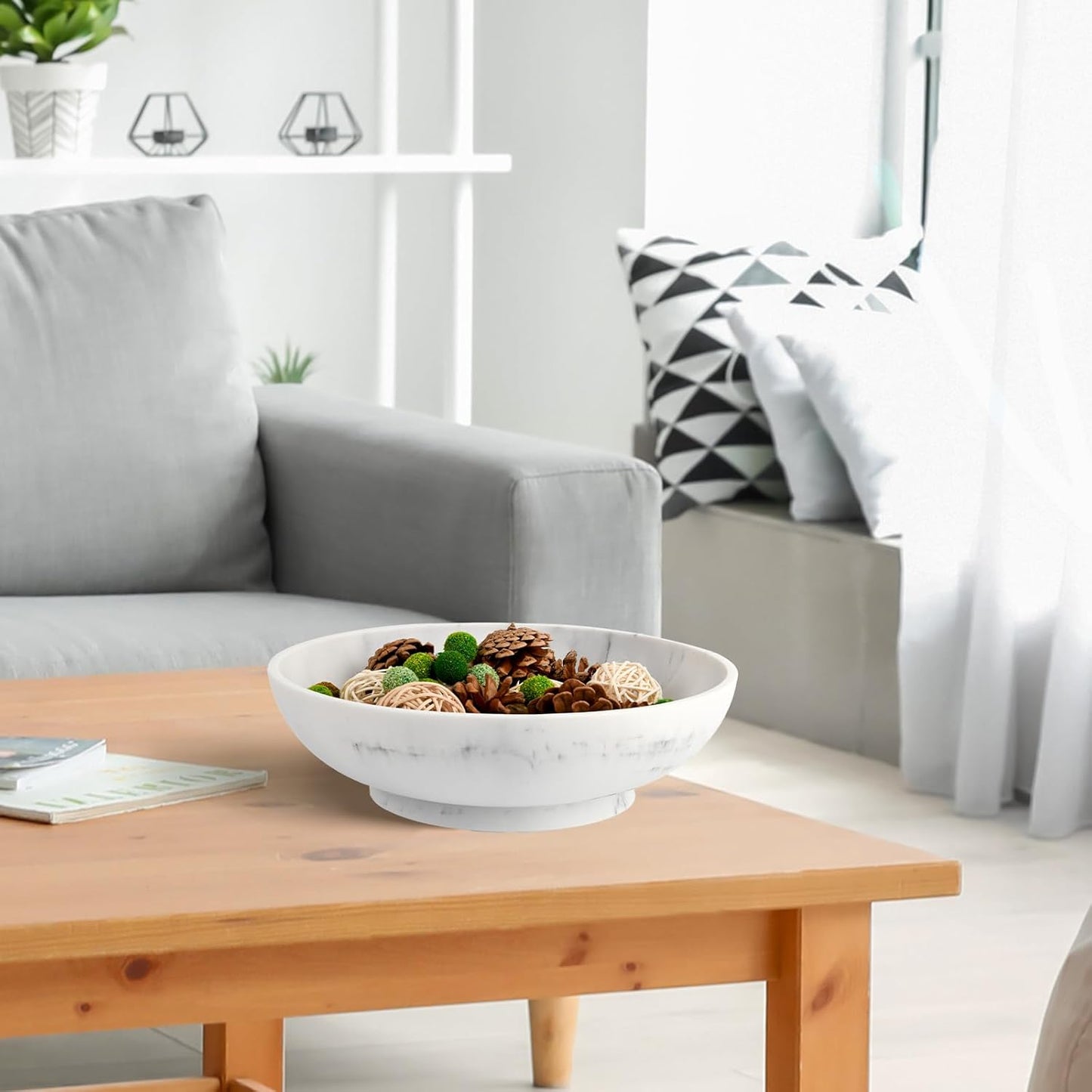 Large Decorative Bowl,Modern Fruit Bowl for Kitchen Counter,Handicraft Decorative Bowls for Home Decor,Stylish Key Bowl for Entry Table,Artificial White Marble