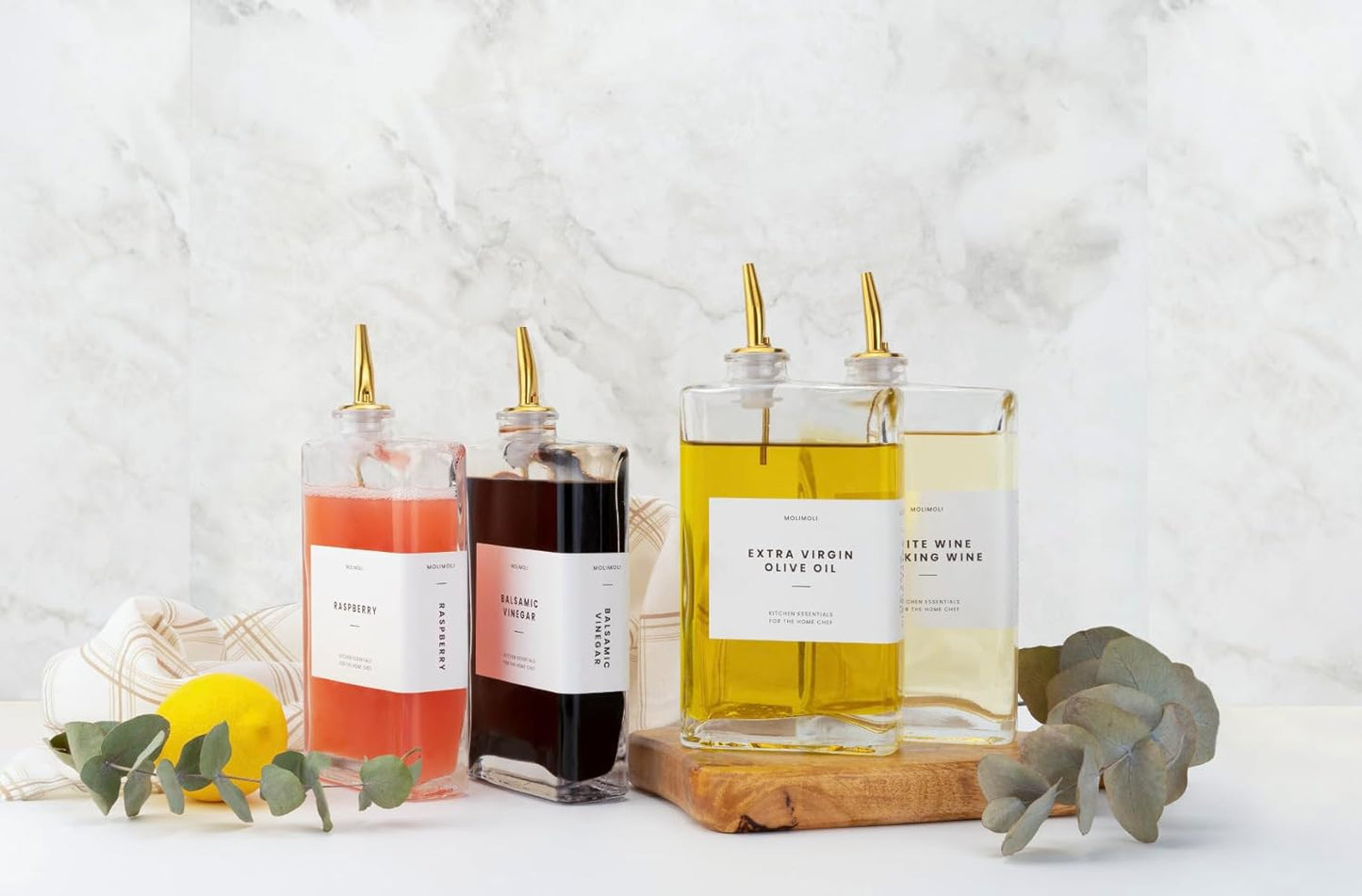 Molimoli Olive Oil Dispenser Bottle for Kitchen, Automatic Pourer, Glass Thin Bottle Dispenser for Kitchen, Olive Oil Cruet, | Set of 2 - Gold