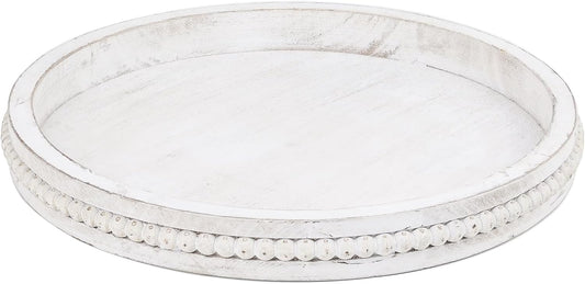 Round Wood Serving Tray with Beads, White Washed Wooden Decorative Tray for Entertaining, Decoration, and Gifting