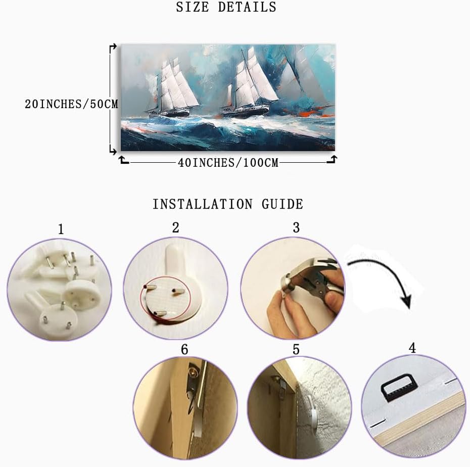 RUISHI Ocean Wall Art For Living Room Abstract Sailboat Canvas Nautical Painting Teal Blue Textured Print Coastal Themed Picture Artwork for Bedroom Bathroom Home Office Decoration 40L x 20W