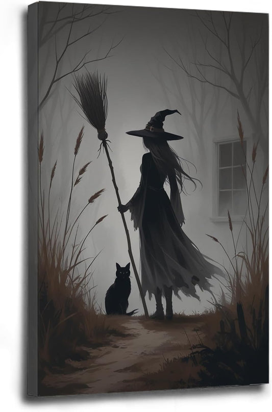 Vintage forest witch and black cat poster Halloween mural poster decoration mural art magic suitable for home living room bedroom24x36in Wood Framed