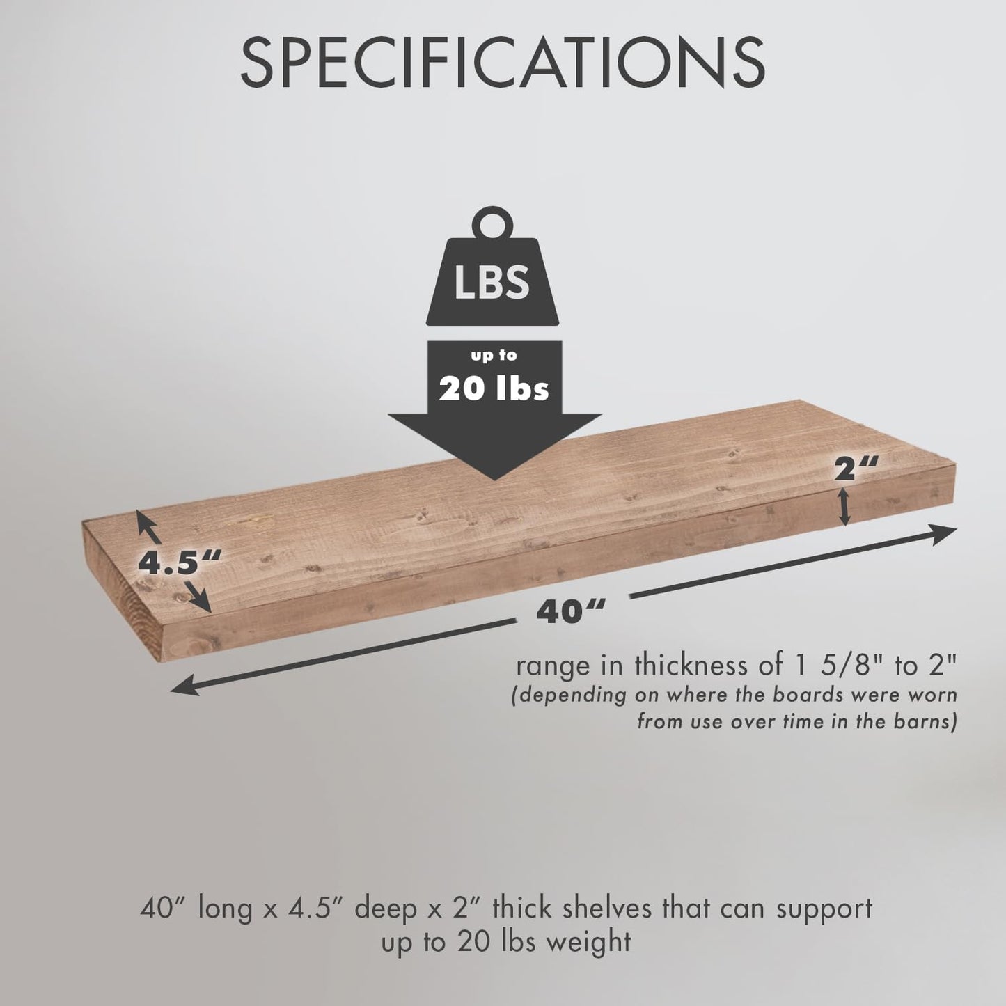 Urban Legacy Reclaimed Barnwood Planks | Floating Shelves for Wall w/Flush Mount Shelf Bracket Set Included | Set of 2 (Natural, 40"x 4.5"x 2")