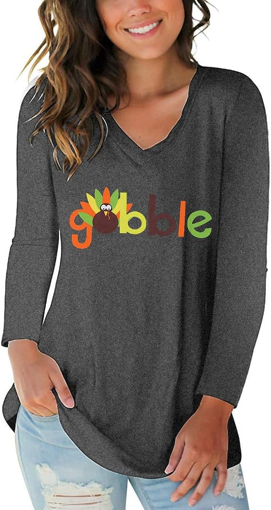 Tobrief Women's Long Sleeve V-Neck Shirts Fall Graphic Tees Loose Casual T-Shirt