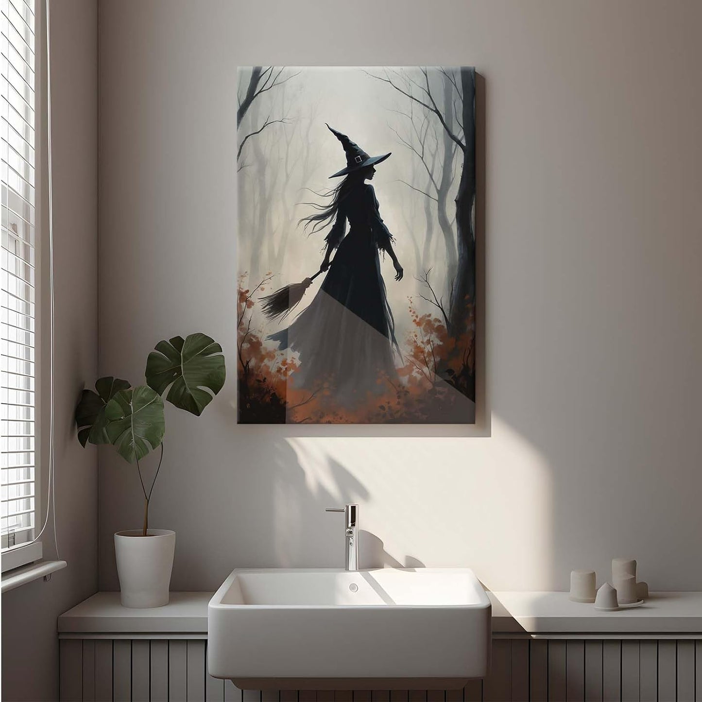 Vintage forest witch silhouette poster Halloween mural poster decoration mural art magic suitable for home living room bedroom24x36in Wood Framed