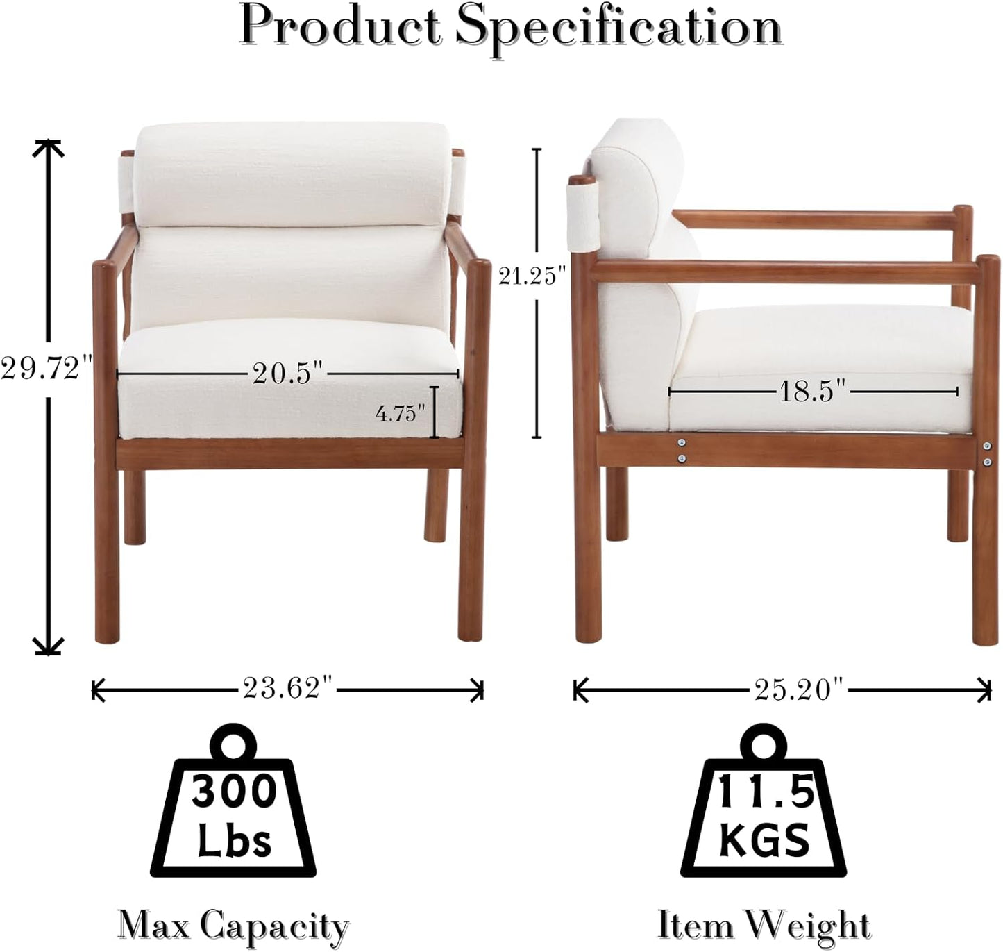 Modern Living Room Chair, White Upholstered Accent Chair with Channel Tufted Back, Brown Wood Lounge Reading Arm Chair, Linen Fabric Side Sitting Vanity Chair for Guest Room, Bedroom, Balcony