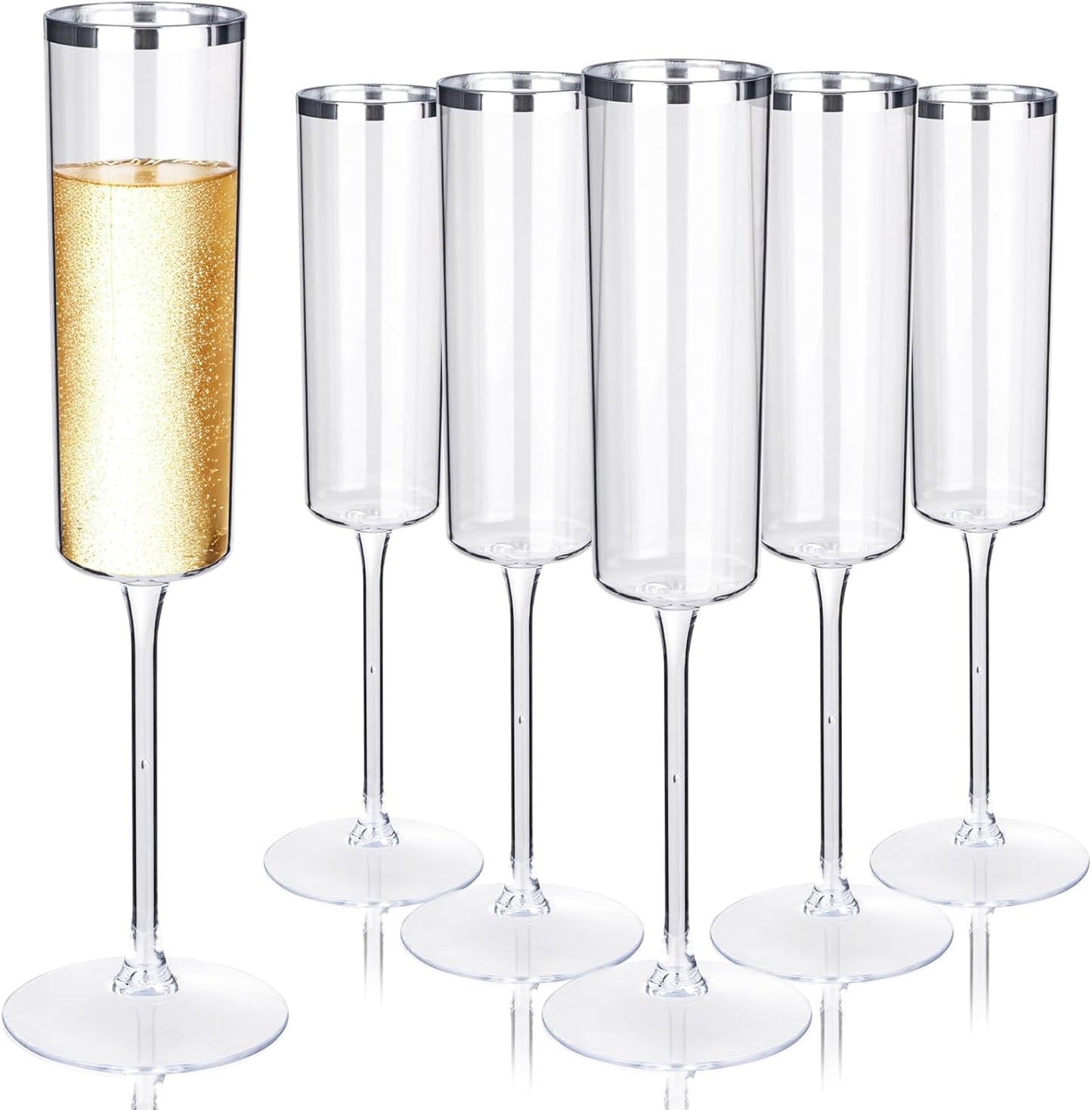 Ciaell 24 Pack Silver Plastic Champagne Flutes - 6 Oz Disposable Champagne Glasses - Square Silver Rim Plastic Toasting Glasses for Party Birthday Anniversary Wedding