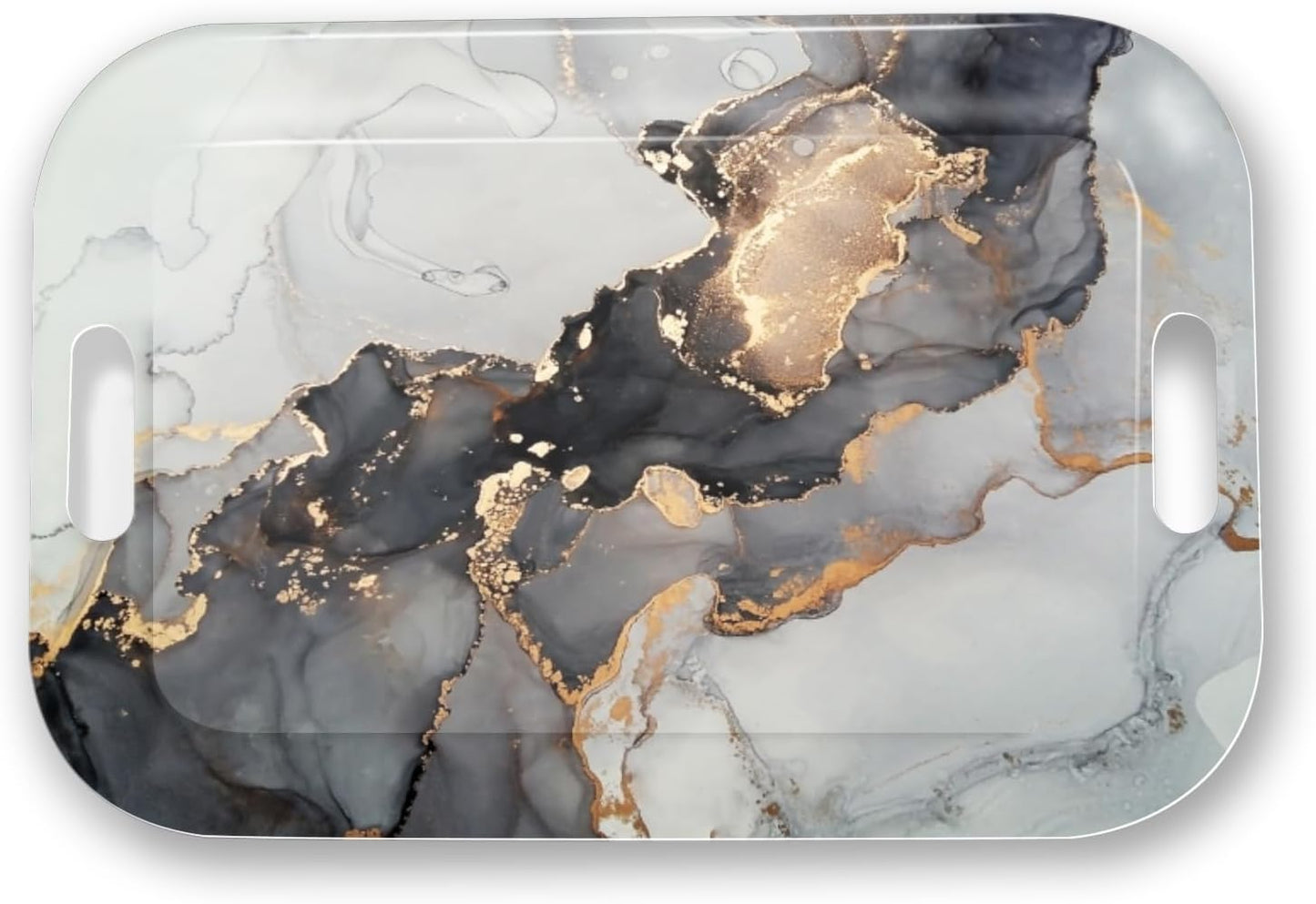 Serving Trays with Handles, 14.5 x 9.8 inch Rectangular Plastic Tray for Restaurant, Kitchen, Gray and Golden Marble