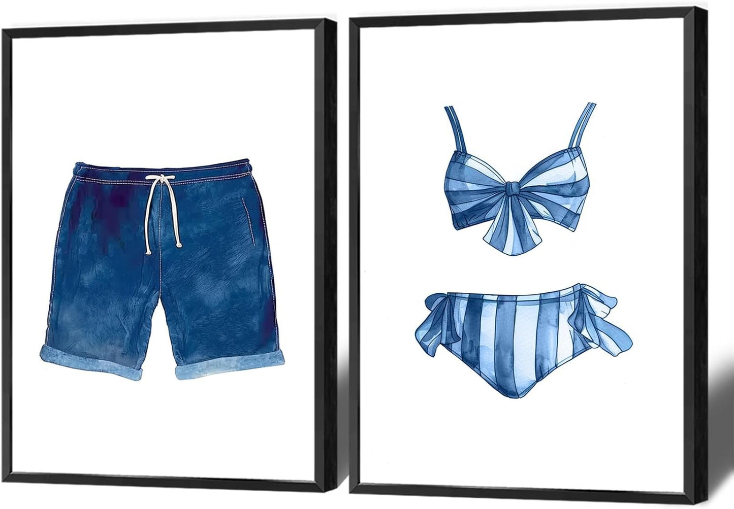 Liyark Set of 2 Retro Navy Blue And White Swimsuit Art Posters Beach Bathing Suit Prints Painting Beach House Wall Art Coastal Wall Decor Pictures For Bathroom Home Decoration 16x24in Framed