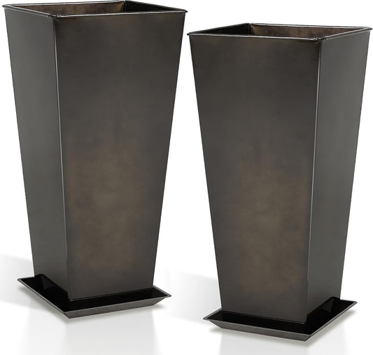 WORTH Garden 28" Large Metal Glazed Planter Set of 2, Luxurious Glossy Finish Black Tall Square Tapered Steel Plant Pots, Decor Flower Pot Indoor & Outdoor, Drainage Hole & Dual-Purpose Plant Saucer