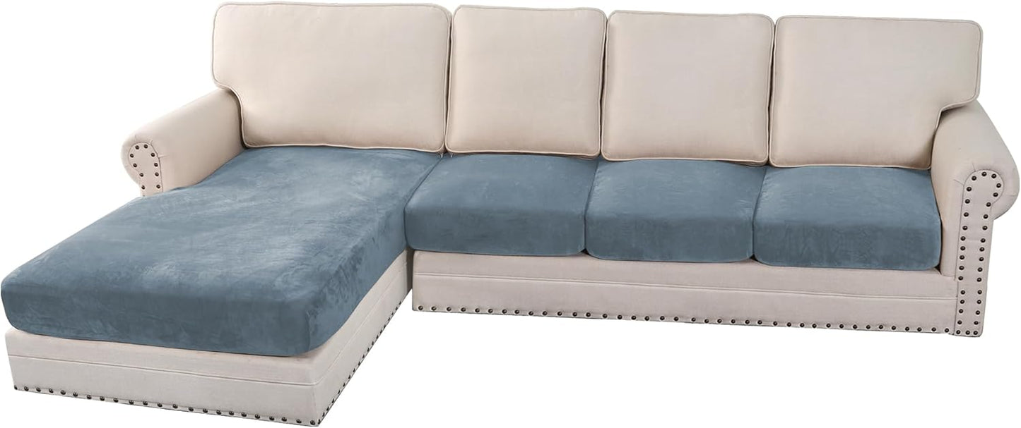 H.VERSAILTEX Velvet Stretch Sectional Couch Covers - 4 Piece Sofa Seat Cushion Set - L Shape Separate Cushion - Both Left/Right Couch Chaise Cover - Large Sofa 3 Seater + 1 Chaise, Stone Blue
