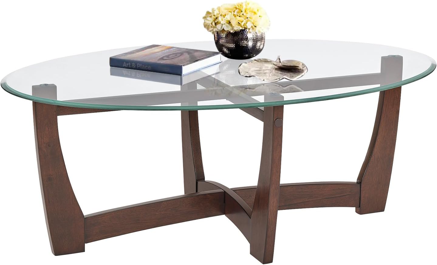 48" Oval Glass Coffee Table with Tempered Glass Top Cross and Solid Wood Base Simple & Modern Center Table for Living Room Office Apartment Cherry