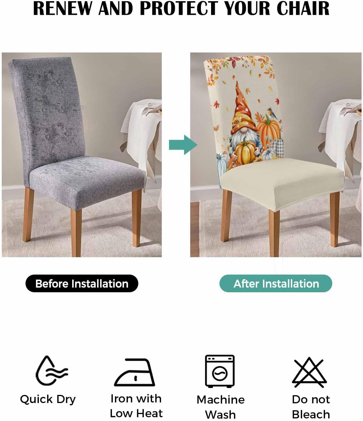 6 Pcs Dining Chair Covers Stretch Spandex Slipcovers Farm Thanksgiving Gnome Pumpkin Removable Washable Dining Room Seat Cover Cushion Protector for Home Hotel Banquet Decor Fall Maple Leaves Linen