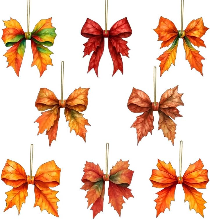 8 Pcs Fall Tree Ornaments Decoration Autumn Leaf Hanging Ornaments 2D Flat Acrylic Pendants Bow Shape Maple Leaf Designs Hanging Ornaments for Home Autumn Festival DIY Craft Supplies Decor