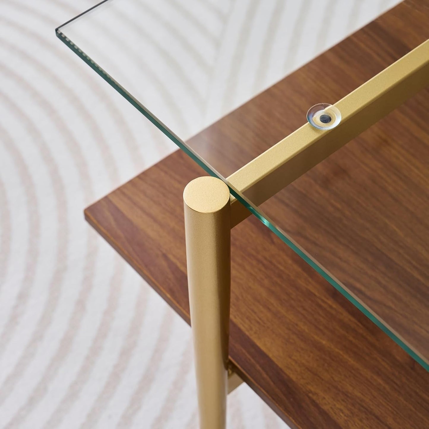 Rectangle Coffee Table, Mid-Century Modern Design, L41 W21 x H17, for Living Room, 2-Tier Structure, Clear Glass Top and Walnut MDF Shelf, Sleek Conical Metal Legs with Gold Finish