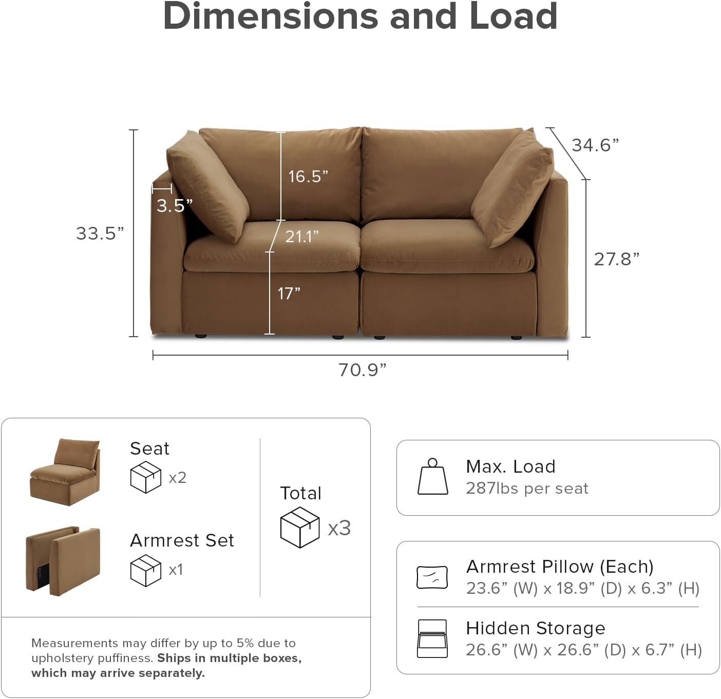 mopio Oversized Modular Sectional Sofa with Fully Removable Covers and Storage, Convertible U, L-Shaped and Sleeper Sectional, Modern Couches with Ottoman Chaise (Hazelnut Velvet, Loveseat)