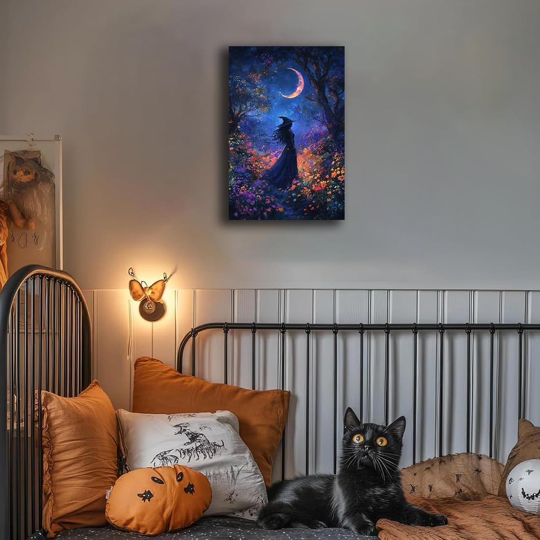Vintage Halloween Witch Decor Mystic Gothic Wall Art Poster,Enchanting Witch Fall Whimsical Wildflowers Woodland Forest Crescent Moon Picture Art,Creepy Witchy Home Decor,20"x30" Unframed
