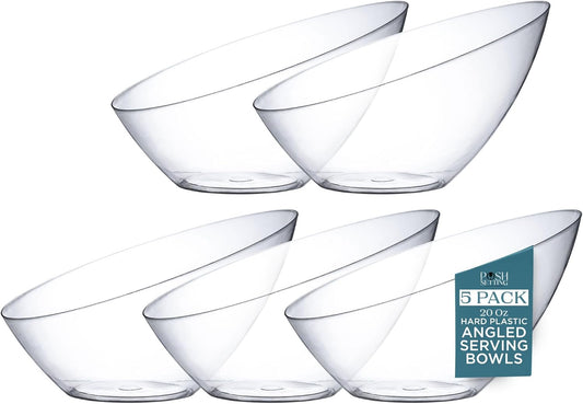 Posh Setting Crystal Clear, Disposable Premium Hard Plastic Medium Angled Bowl, Party, Salad, Snack and Fruit Bowl 5 Pack
