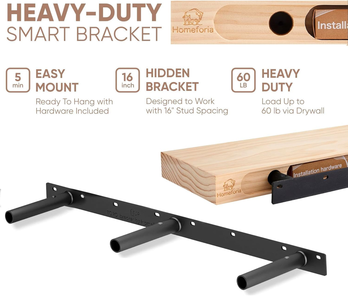 Homeforia Wood 48 inch Floating Shelf, High End Solid Natural Wood 48inch Floating Shelves for Wall Mounted, Unfinished Wooden Large Floating Shelves, Heavy Duty Bracket, 48 X 6.5 X 1.75 in, Set of 2