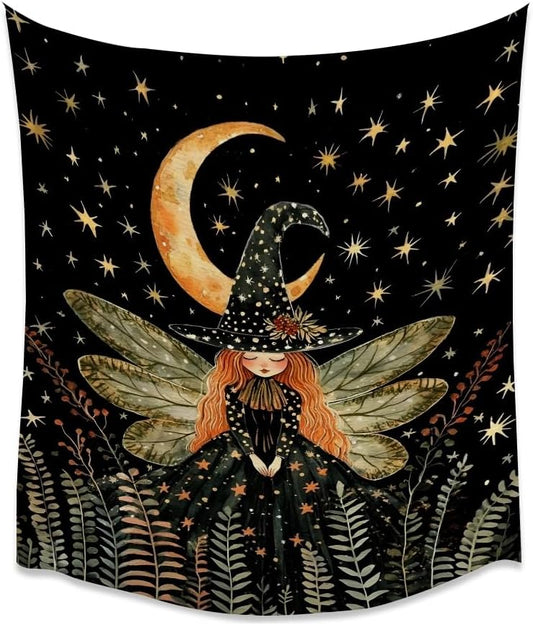 Dark Academia Witch Fairy Tapestry Wall Hanging Magical Moon Starry Night Art Print Halloween Witchy Artwork Aesthetic Wall Tapestries for Girls Bedroom Living Room Dorm Decoration 70x90inch