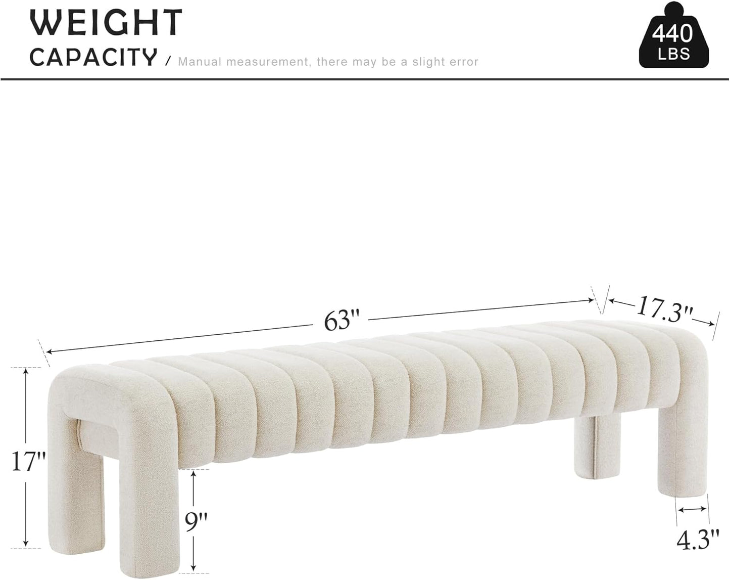 63" Bedroom Bench, Upholstered Entryway Bench, Modern End of Bed Ottoman with Solid Wood Legs and Adjustable Foot Pegs for Entryway, Dining Room and Living Room (Beige Linen)