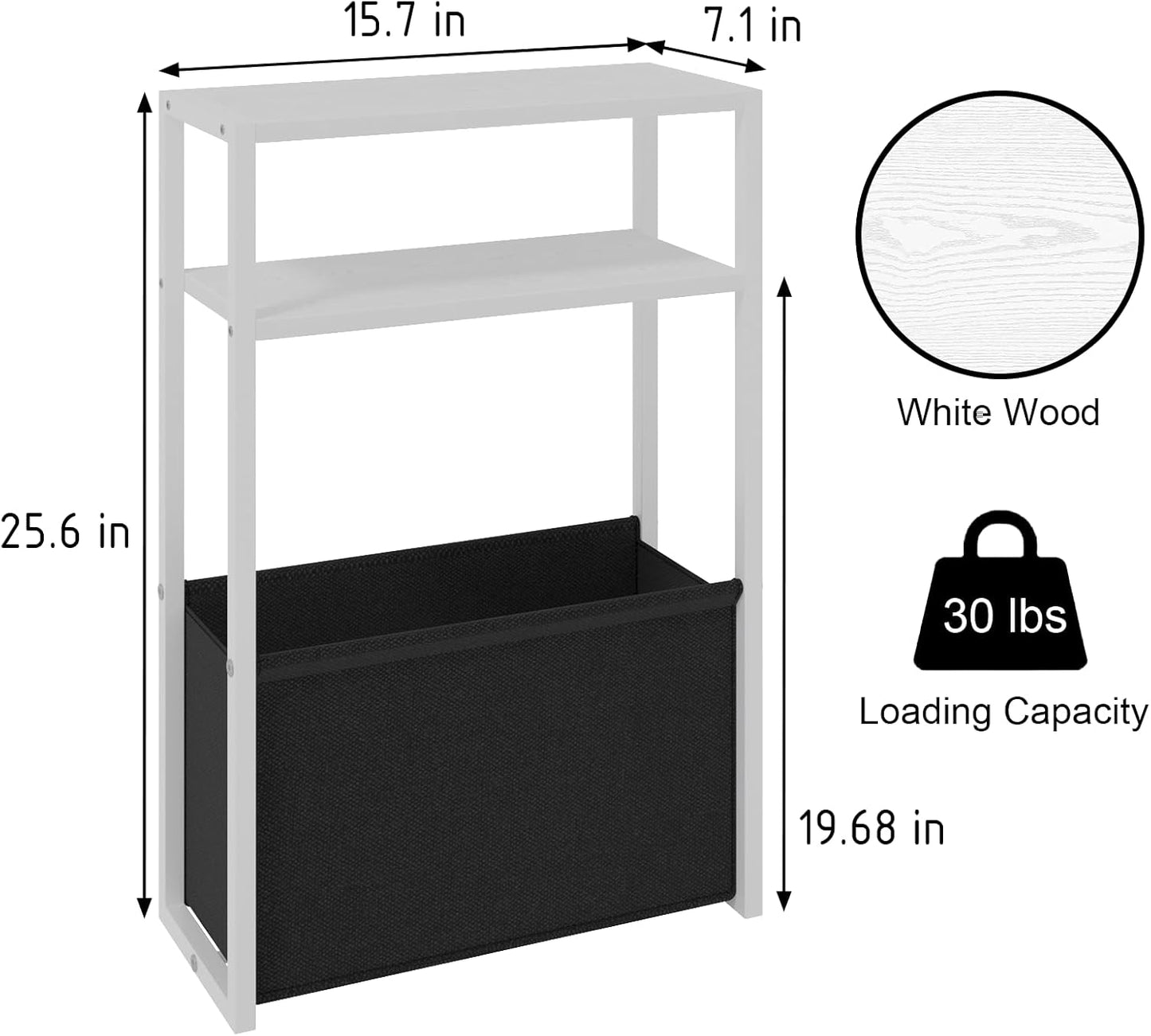 Narrow Side Table, Slim End Tables with Fabric Basket, Skinny Table for Small Spaces, Thin Bedside Table for Living Room, Bedroom, White, ZBZ01