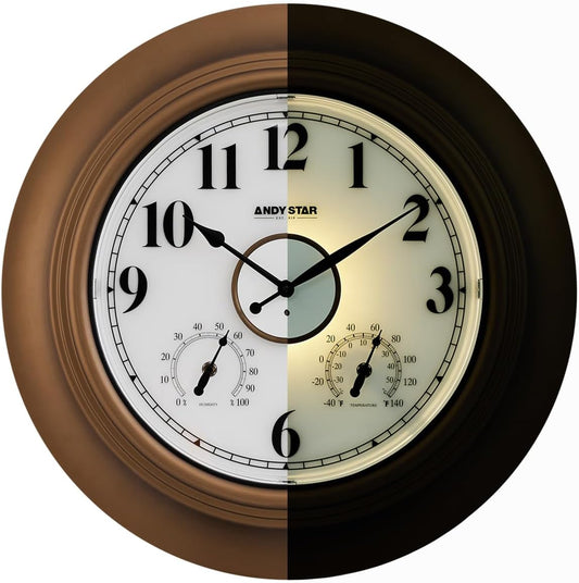 Andy Star 21 Inch Large Luminous Outdoor Wall Clock Waterproof with Temperature, Vintage Round Wall Clocks Battery, Oversized Pool Clock for Garden Patio Rustic Bronze Finish Silent Non Ticking Clock