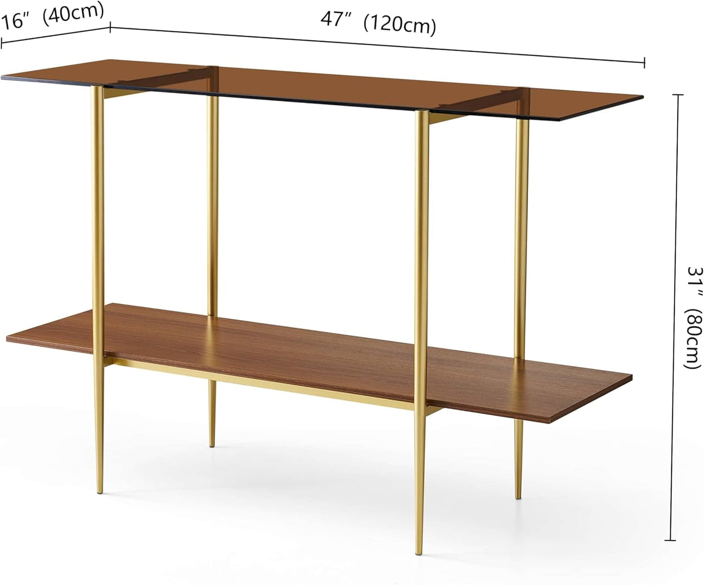 Extra Large Glass Console Table for Living Room, Foyer & Entrance, L47 x W16 x H31, Mid-Century Modern Sofa Table with Amber Glass Top, Walnut Finish Wood Top and Gold Finish Metal Frame