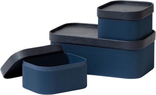 La Jolie Maison Fluted Cardboard Storage Baskets with Vegan Leather Lids, Sturdy Stackable Paper Boxes Decorative Tray, Basket Organizer Bins for Bathroom Bedroom Organizing, Navy Blue, Set of 3