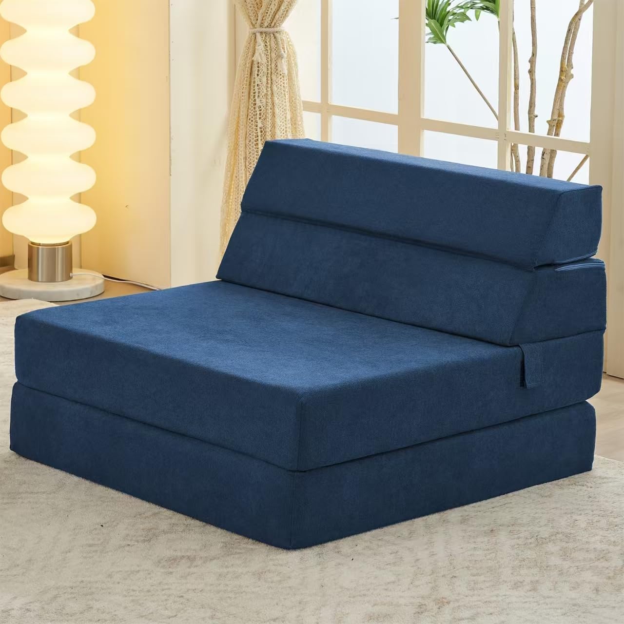 jela Foldable Sofa Bed Soft Foam Convertible Sleeper Chair Luxury Miss Fabric Fold Out Chair Bed Floor Couch with Back Support Floor Sofa for Living Room Bedroom (83"x33",Navy)
