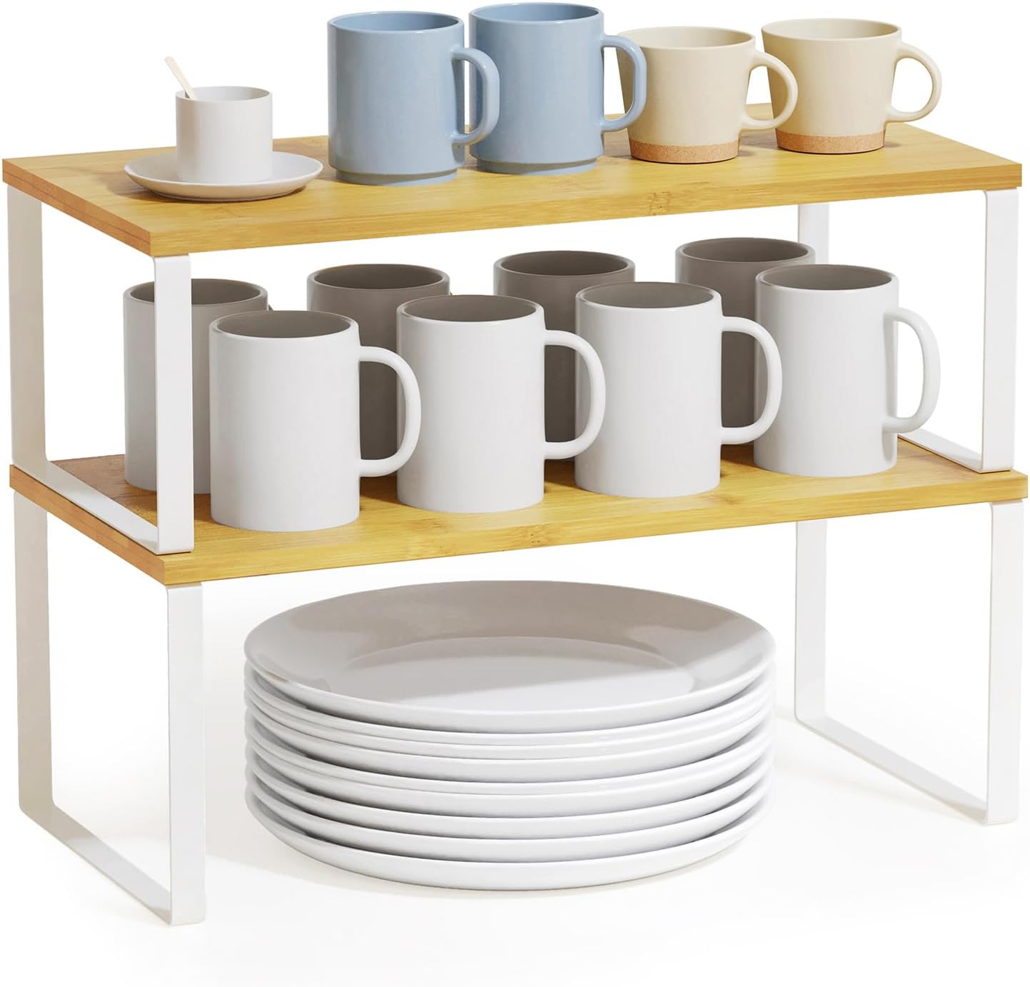 SpaceAid Cabinet Shelf Organizers 2 Pack, Kitchen Counter Rack Shelves Riser, Stackable Expandable Spice Rack, Pantry Cupboard Storage Organization (White and Natural, Long)