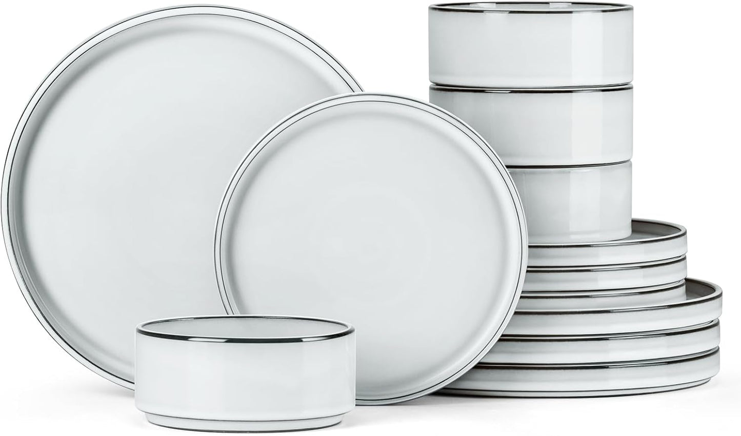 Onader Stoneware Dinnerware Sets, 12 Piece Plates and Bowls Dish Sets for 4, Ceramic Dishware Dining Ware with Rustic Terracotta Bottom - Glacier White