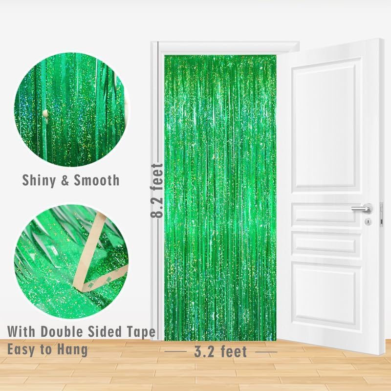 GOER 3.2 ft x 8.2 ft Metallic Tinsel Foil Fringe Curtains Party Photo Backdrop Party Streamers for Birthday,Graduation,New Year Eve Decorations Wedding Decor(3 Packs,Shiny Green)