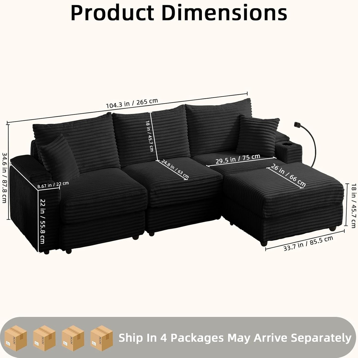 Modular Sectional Sofa Couch, Plush Corduroy Fabric Sectional Couches for Living Room with USB Charging Ports, Phone Holders, and Multi-Functional Storage Armrests (Black, 3set+1ottoman)