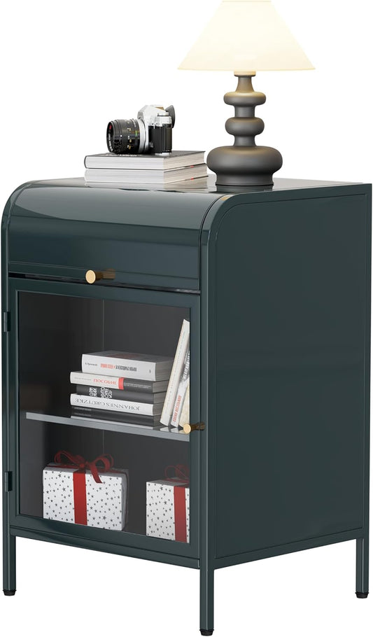 Modern Metal Side Tables, End Tables with Glass Door, 2-Tier Nightstands with Storage Shelves, Accent Table, Slim Sofa Table for Living Room, Bedroom (1, Green)