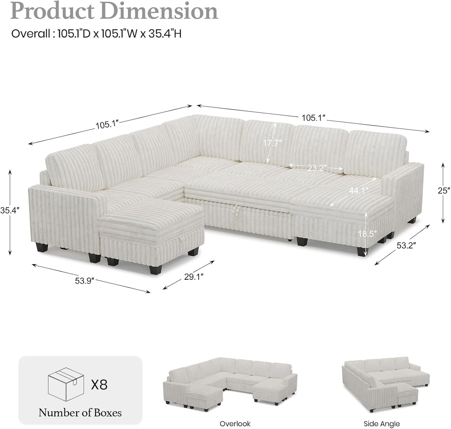 Belffin Oversized Sofa Bed Modular Sectional Sleeper Sofa with Pull Out Bed L Shaped Couch with Storage Chaise White Couch