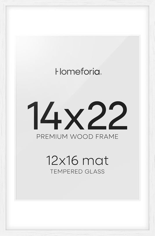 Homeforia 14x22 Picture Frame White, High End Oak 14x22 White Wood Frame with Mat 12x16 Photo, 14 x 22 Wooden Poster Frames Matted to 12 by 16, 22x14 Hanging Frames, Tempered Glass, Wall Kit, Set of 1