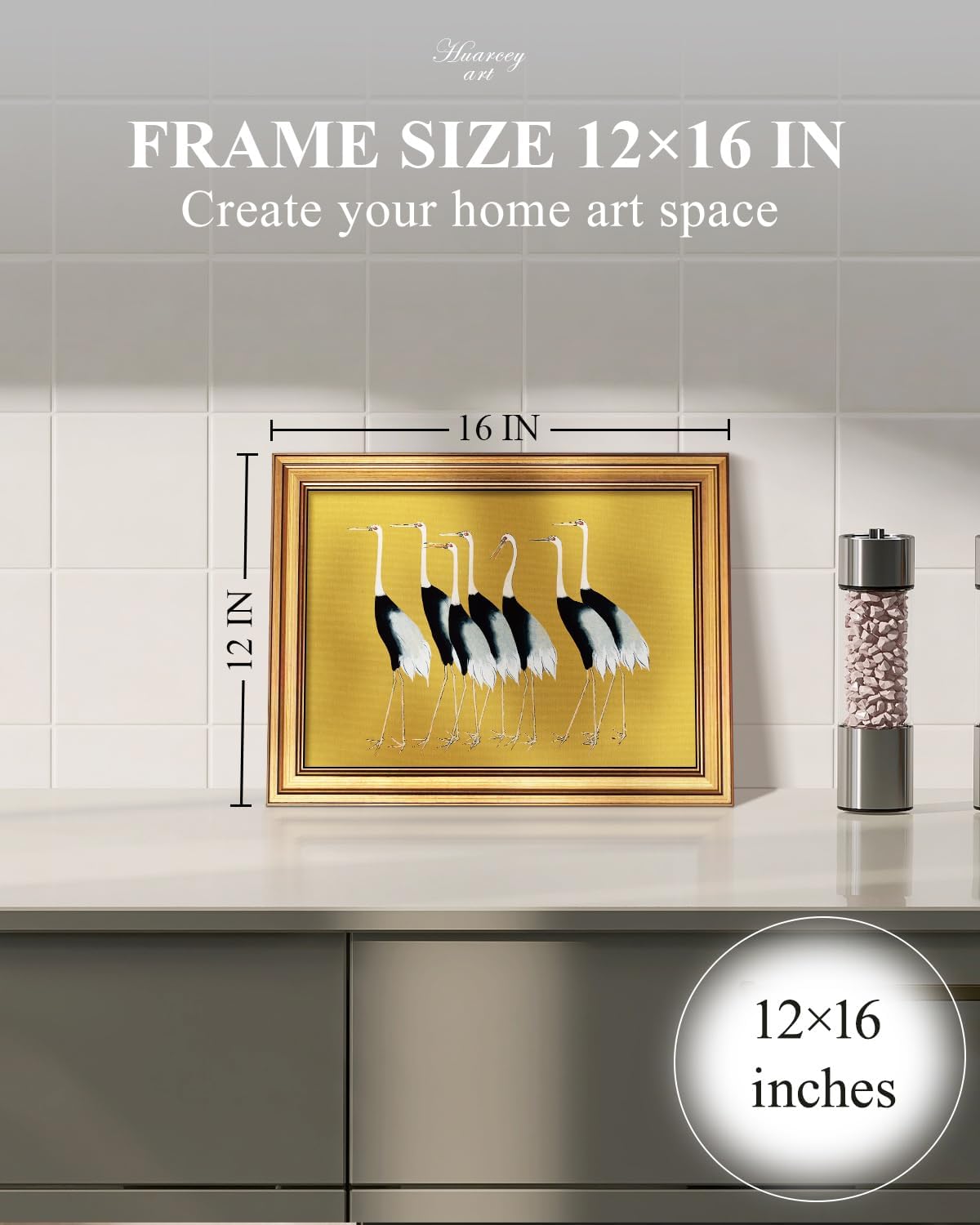HUARCEY Gold Framed Vintage Wall Art for Living Room, Animals Painting Prints Shelf Decor for Kitchen, Aesthetic Bedroom Wall Art Decor, Christmas Gifts for Friends or Family (Seven Cranes 12"x16")