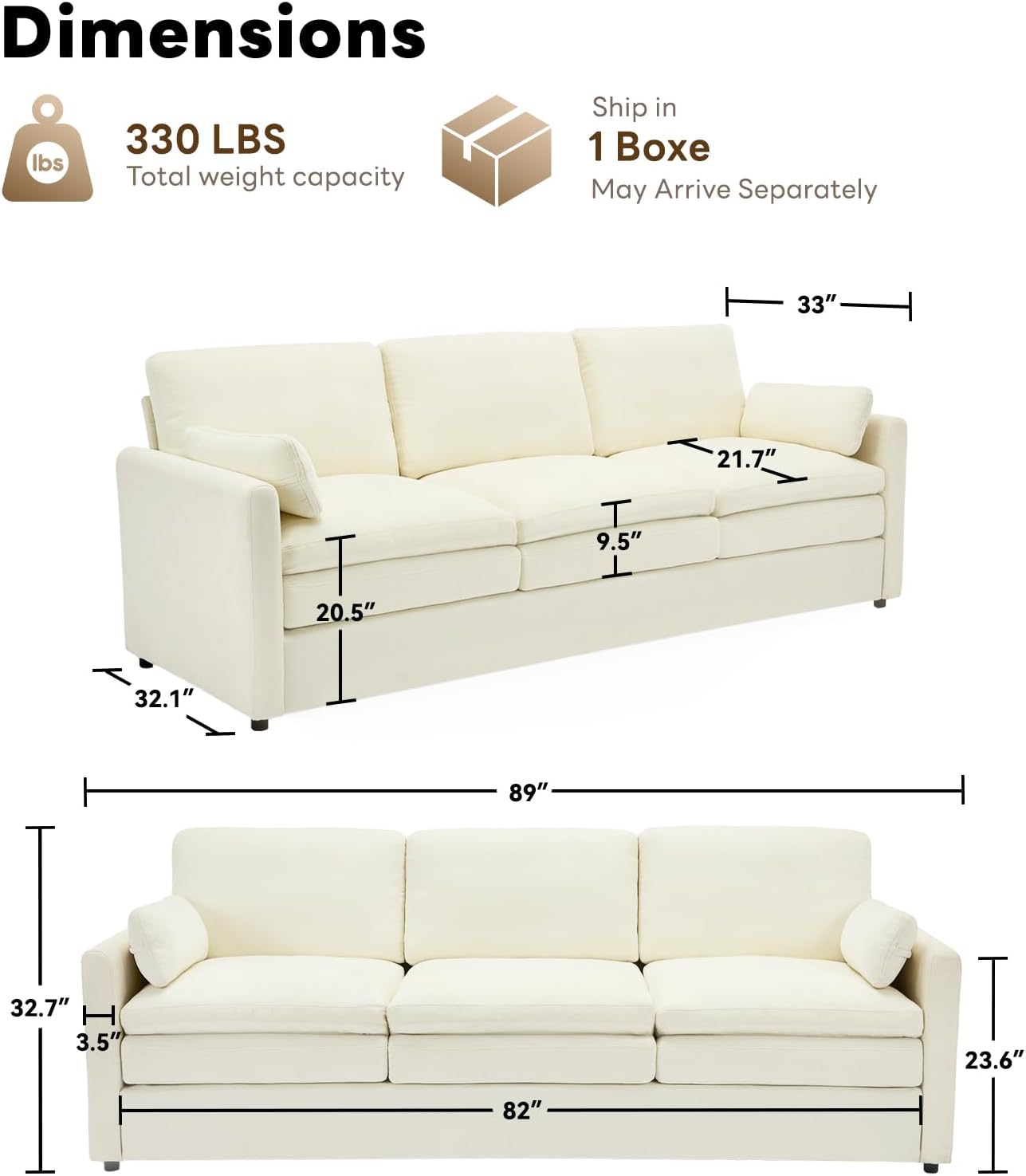 Tbfit Modern Couch Sofa, 89" Cloud Couch w/Pillows, Pocketed Spring Seat, Comfy 3-Seater Plush Foam Cushions, Chenille Fabric Removable Covers, Soft Upholstered Living Room Furniture Apartment, Beige
