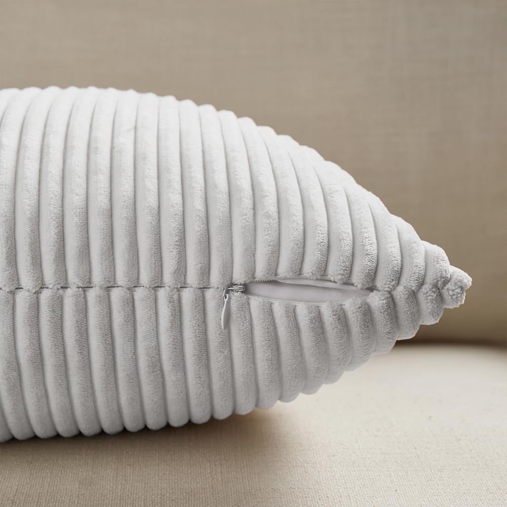 Fancy Homi 2 Packs White Long Lumbar Decorative Throw Pillow Covers 12x24 Inch for Couch Bed Sofa, Rustic Farmhouse Boho Home Decor, Soft Striped Corduroy Rectangle Accent Cushion Case 30x60 cm