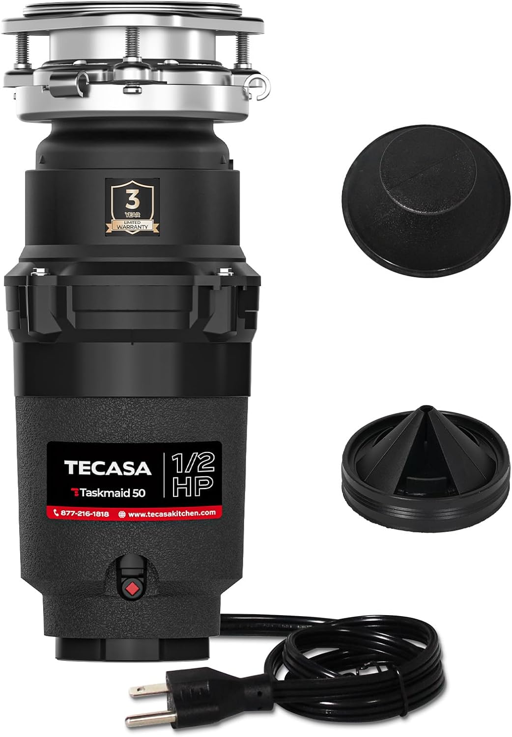 1/2 HP Garbage Disposal, TECASA Food Garbage Disposal with Power Cord, Stainless Steel Grinding System and 3-Bolt Mounting, Continuous Feed Compact Garbage Disposals, UL Certified, Taskmaid Series 50