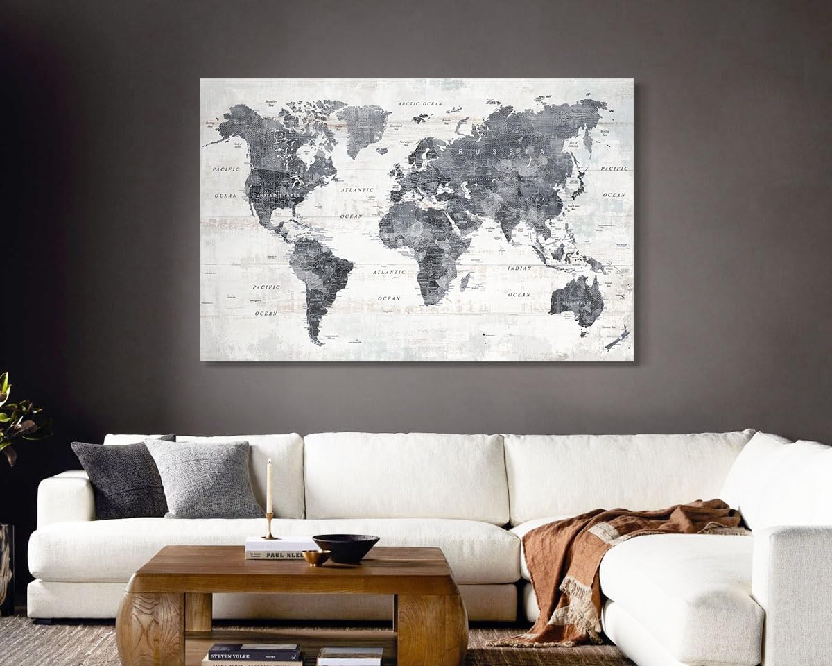 Wall Art for Living Room Home Office Frames Wall Decor Gray World Map Pictures for Bedroom Dining Room