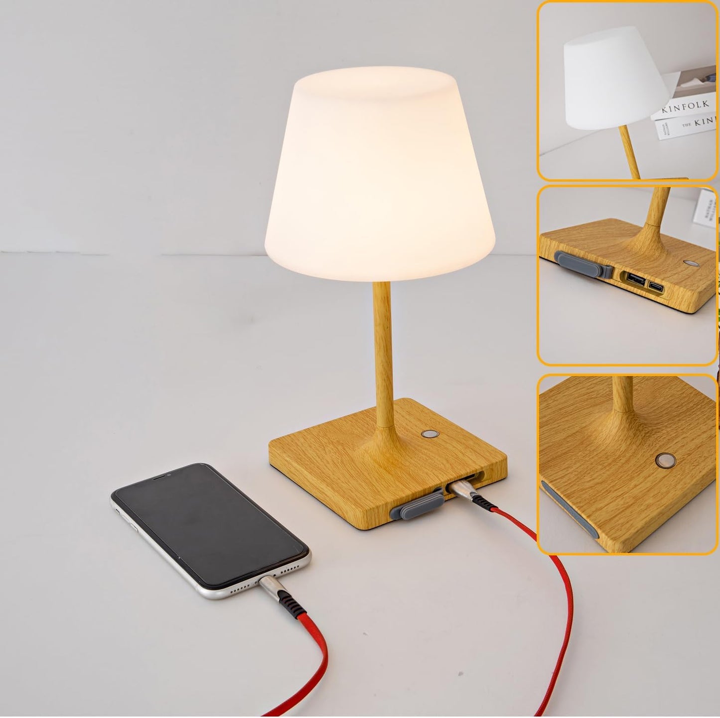 Cordless Table lamp, Outdoor Battery Operated Rechargeable Desk lamp,Waterproof Shower Lamp,4000mAh LED 3 Colors Dimmable Touch Lamps for Camping Patio Courtyard Bedroom-Wood