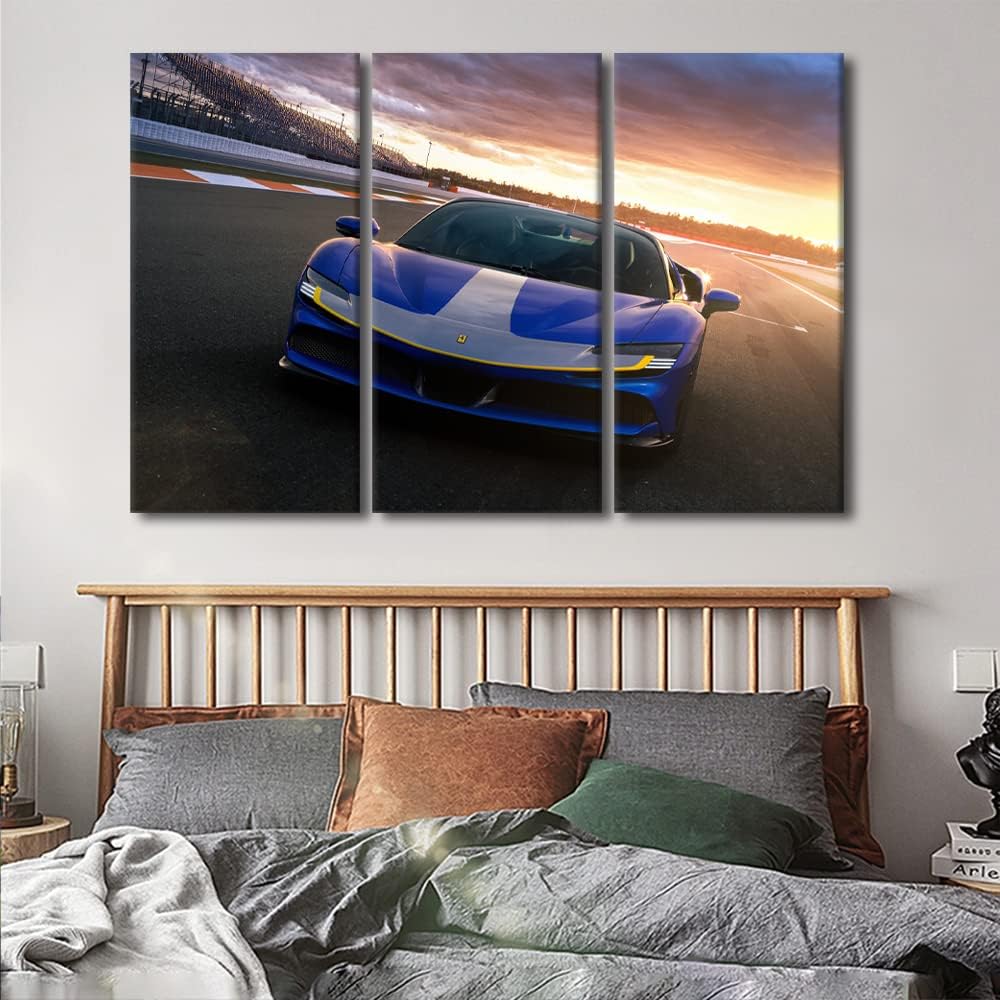 TUMOVO Sports Car at Sunset Canvas Paintings Blue Supercar on the Runway Bedroom Wall Art Contemporary Home Decor Bathroom Decor Wall Art Modern Artwork Ready to Hang for Living Room Office 60"Wx40"H