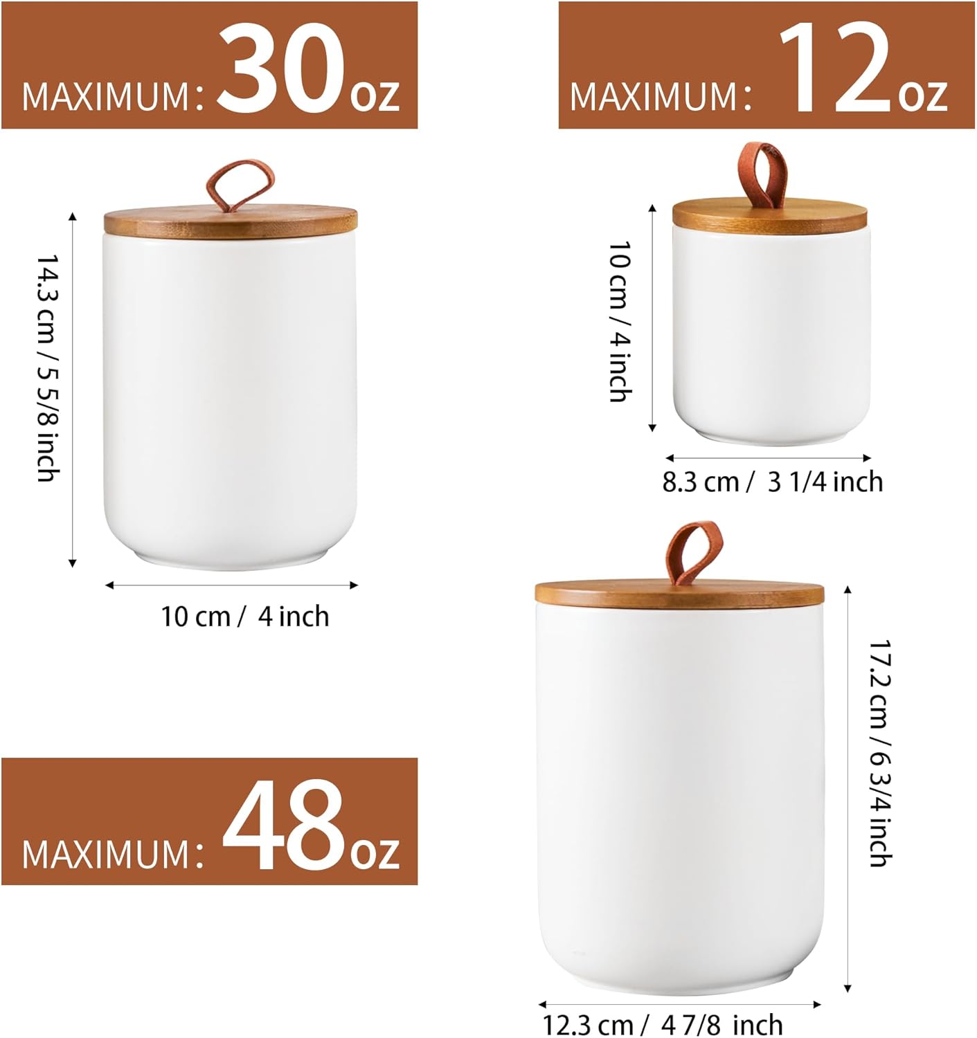 Ceramic Canister Set for Kitchen, 3pcs White Ceramic Kitchen Canisters for Countertop with Airtight Wood Lids, Large Flour and Sugar Containers for Coffee, Tea, Spice