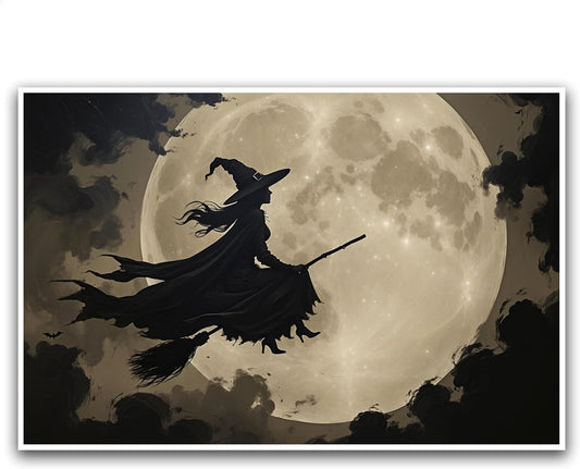 JFHCQJPK Full moon witch silhouette poster witch on magic broom Halloween mural poster decorative mural art suitable for home living room bedroom12x16in Frameless