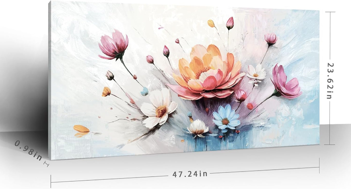 amatop Large Floral Wall Art – Modern Pink White and Blue Abstract Colorful Flower Bouquet Print Large Botanical Canvas Picture Nature Artwork Wall Decor for Living Room Bedroom Office 48x24 inch