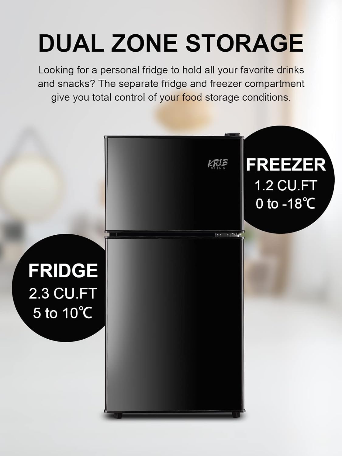 3.5 Cu.Ft Refrigerator 2 Door 7 Level Adjustable Thermostat Control Top-Freezer Refrigerator Lock Fresh Energy Saving Black (KB03-FLS-80-BLACK)