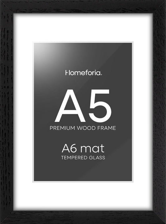 Homeforia A5 Picture Frame Black Wood, High-End Oak 5.8x8.3 Frame Matted to 4.1x5.8 inch Photo, A5 Size Walnut Wooden Frames with Mat A6 for Print, 5.8 by 8.3 Frame, Tempered Glass, Wall Kit, Set of 1